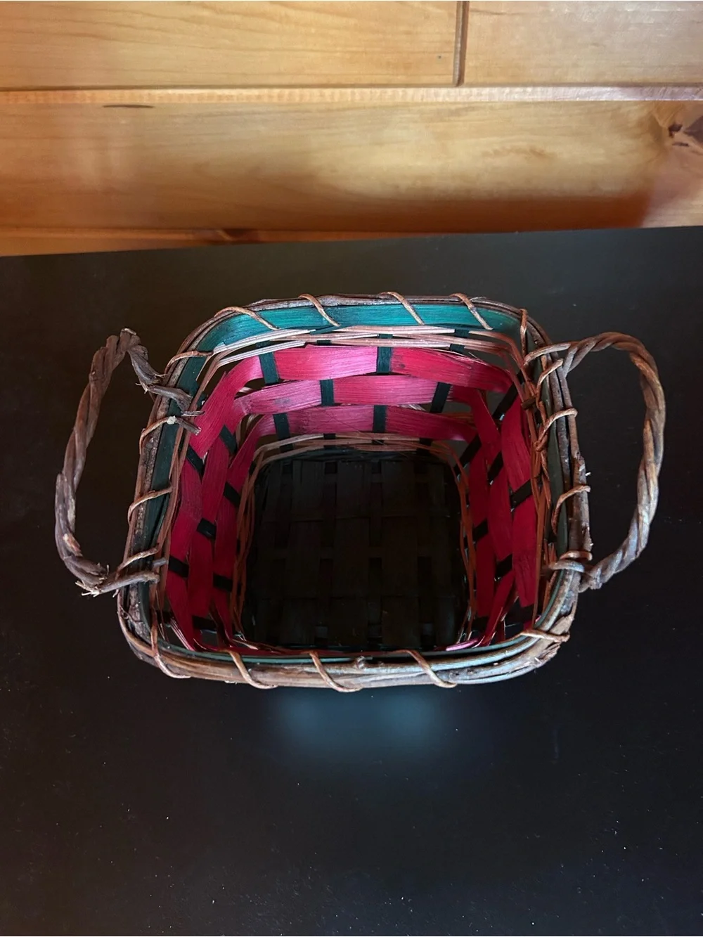 Rustic Red & Green Woven Decorative Basket with a Moose 🫎 Accent